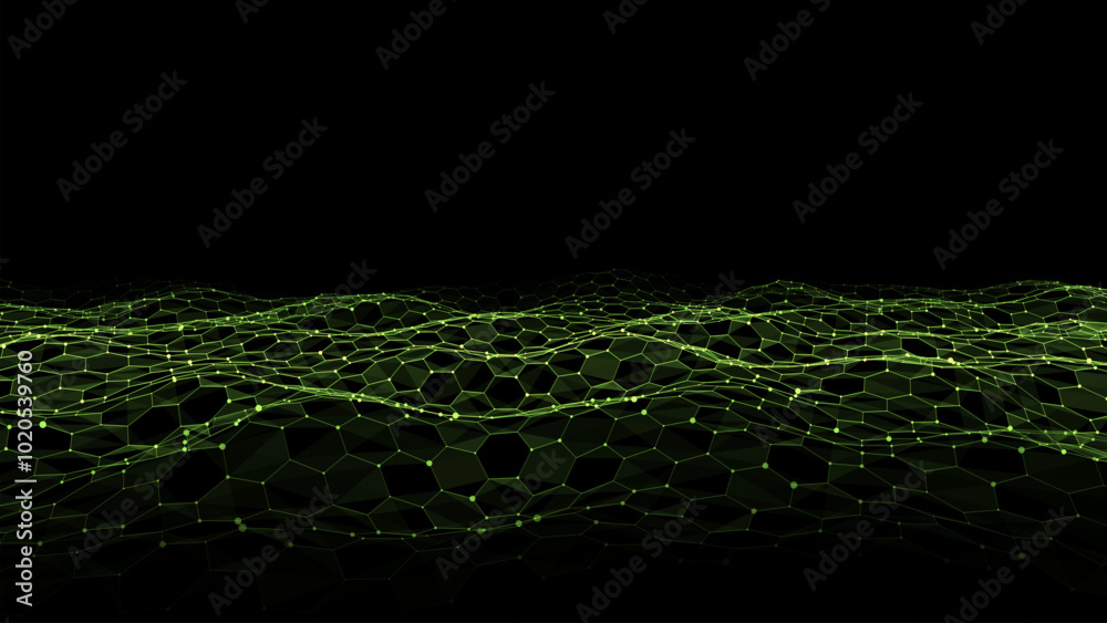 Poster digital technology hexagon wave. dark cyberspace with green motion dots and lines. vector futuristic