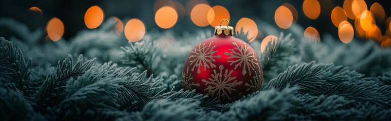 A red holiday ornament nestled in frosty evergreen branches, illuminated by warm bokeh lights