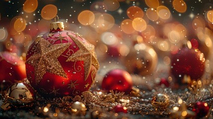 Macro shot of a radiant red and gold ornament ball, embellished with twinkling stars, capturing its intricate details against a soft, monochromatic backdrop, emphasizing its festive elegance.