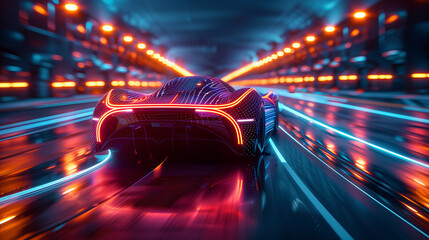 Conceptual representation of digital world in abstract beauty. Futuristic car drives along digital road