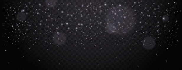 White glowing particles floating on transparent background. Abstract glittering dust, shiny sparkles, and bokeh effects