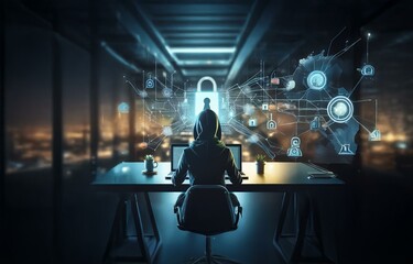 A hooded figure sits at a desk in front of a laptop, working in a dark room with glowing digital security symbols and a city skyline view out the window.