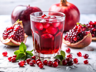 refreshing summer drink featuring pomegranate juice, ice cubes, and garnished with mint leaves. vibrant red color and juicy pomegranate seeds create delightful visual appeal