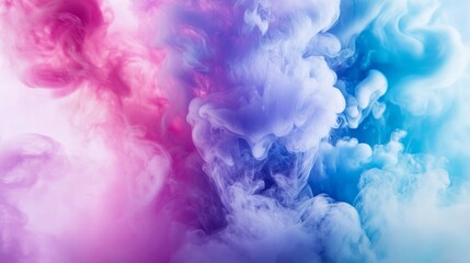 An abstract depiction of colored ink forming clouds in water, with rich purple, blue, and pink pigments swirling together on a bright white background.