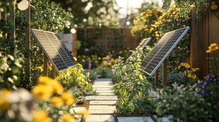 Obraz premium Solar Panels in a Lush Garden Pathway