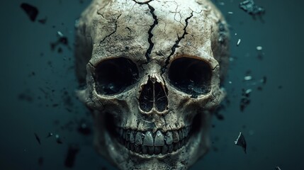 A cracked skull is now positioned atop a dark and shadowy surface