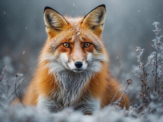 Obraz premium Front-Facing Portrait of Red Fox in Snowy Landscape with Intense Gaze