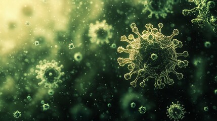 detailed microscopic view of virus cells, showcasing zoonosis transmission and the potential spread of pathogens from animals to humans, emphasizing the importance of understanding viral infection