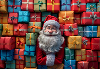 Santa claus ismiling surrounded by a large amount of wrapped christmas presents
