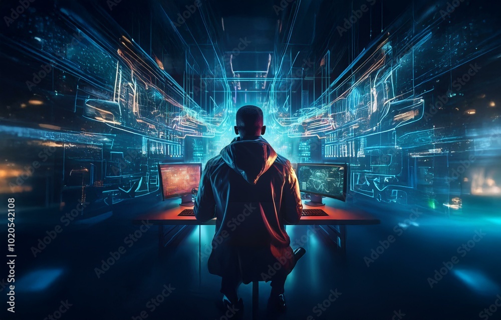 Aufkleber a hooded figure sits in front of two computer monitors in a dark room, the screens are filled with g