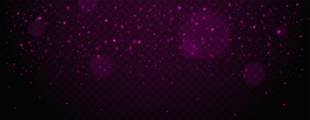 Dark purple starry sky with glowing particles and light flares on transparent background. Abstract sparkling effects Glare light effect. Star dust, sparkles. Neon light. Night star