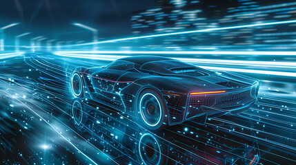 Conceptual representation of digital world in abstract beauty. Futuristic car drives along digital road