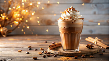 delicious iced vanilla mocha beverage topped with whipped cream and cinnamon, beautifully presented on wooden surface. warm ambiance is enhanced by soft, glowing lights in background, creating cozy