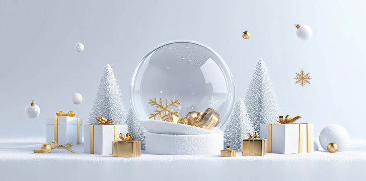 Snow globe with a gold snowflake surrounded by white and gold christmas decorations on a white background