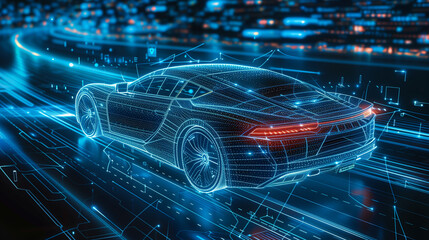 Conceptual representation of digital world in abstract beauty. Futuristic car drives along digital road