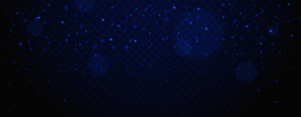Dark blue glowing particles on transparent background. Abstract glittering dust and sparkling lights, bokeh effects