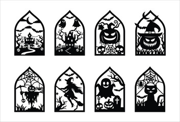 halloween hanging door decor design template. Halloween scene wall decoration vector template illustration. Haunted house, ghost, pumpkin devil face, flying witch, cat, scarecrow, graveyard, included.