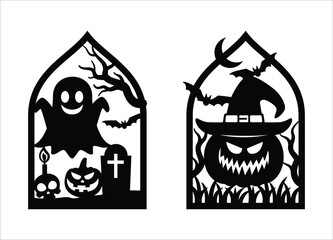 halloween hanging door decor design template. Halloween scene wall decoration vector template illustration. Flying ghost, pumpkin devil face, graveyard, bat in the scene included.