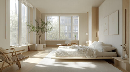 Fototapeta premium Embrace Serenity: A Modern Bedroom Design with Natural Light, Minimalist Aesthetics, and Cozy Atmosphere for Restful Living
