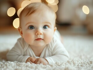 Baby crawling on a fluffy carpet, exploring the world with curiosity and delight, baby, crawling baby