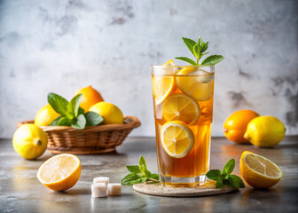 Fototapeta premium Refreshing lemon iced tea with lemon slices and mint leaves in tall glass, surrounded by fresh lemons and basket of lemons, evokes sense of summer delight