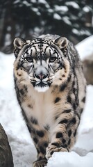 Obraz premium A snow leopard walking through a snowy landscape, showcasing its striking fur and features.