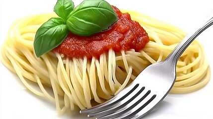 A silver fork filled with pasta and a generous drizzle of tomato sauce, adorned with a fresh basil leaf. Isolated on a white background for a clean and appealing food photo.