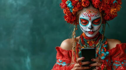 Mexican Day of the Dead. Woman with make up skeleton and flowers like Saint death holding smartphone