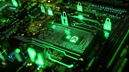 Fototapeta premium Green Glowing Padlock Icons on a Circuit Board