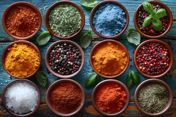 Vibrant Spice and Herb Collection on Rustic Wooden Table for Culinary Inspiration