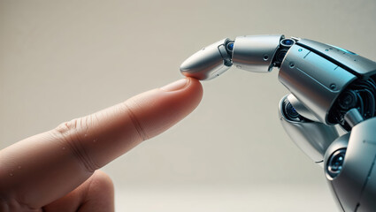 Robot metallic finger touches human finger