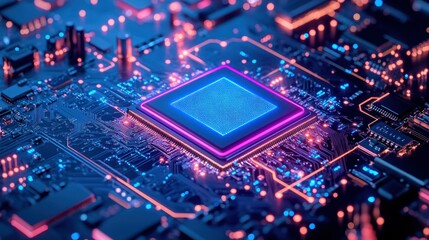 Obraz premium Glowing Blue and Pink Circuit Board with a Central Processing Unit