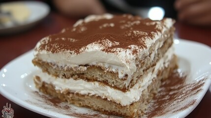 A square serving of Medovik on a white plate, adorned with a delicate swirl of gentle sour cream. This traditional Russian honey cake makes a stunning dessert choice for upscale dining establishments.