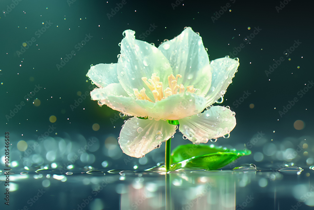 Wall mural A pristine water lily stands tall with vibrant petals adorned in shimmering droplets, creating a tranquil atmosphere against the shadowy backdrop, showcasing natures elegance