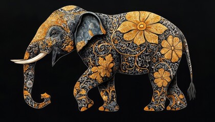 Elephant adorned with detailed batik patterns, rich Indonesian textile tradition, Indonesian textile fusion, illustration, no blur, photo not dark, everything is clear, copy space