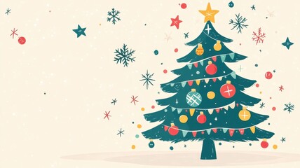 Simple cartoon Christmas tree with bright ornaments and garlands in red, green, and yellow, set against a festive background with stars and snowflakes. Christmas
