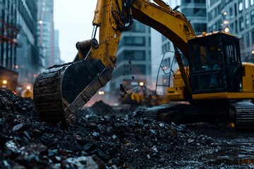 A close-up of a yellow excavator digging in a city street, showcasing construction activity and urban development.