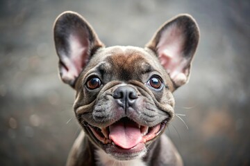 Forced perspective closeup of a cute French Bulldog puppy looking joyful and enthusiastic