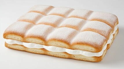 An elegantly plated tiramisu with rich layers of coffee-soaked ladyfingers and mascarpone cream. The generous white background offers ample space for captions or descriptions