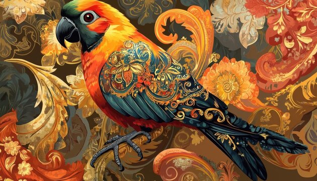 Parrot adorned with swirling paisley, rich PersianIndian textile, traditional floral patterns, illustration, no blur, photo not dark, everything is clear, copy space