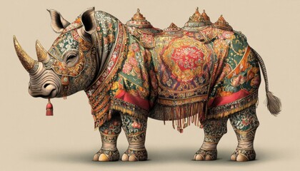 Obraz premium Rhinoceros adorned with luxurious brocade, intricate Chinese textile, traditional Chinese fabric, illustration, no blur, photo not dark, everything is clear, copy space