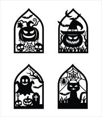 halloween hanging door decor design template. Halloween scene wall decoration vector template illustration. Haunted house, ghost, pumpkin devil face, cat, graveyard, included.