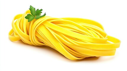 Close-up of creamy Alfredo fettuccine pasta with a sprinkle of fresh herbs, isolated against a white backdrop, perfect for menu design or promotional material.