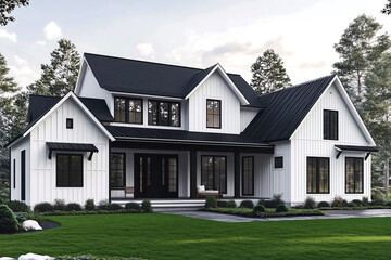 Modern Farmhouse with White Exterior and Black Roof in Serene Green Landscape, Showcasing Contemporary Architectural Design