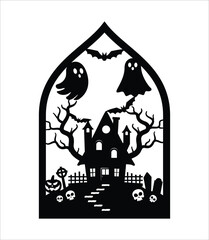 halloween hanging door decor design template. Halloween scene wall decoration vector template illustration. Scary haunted house in the graveyard with the skull lying around and wandering ghost and bat