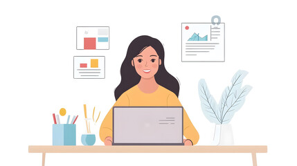 A businesswoman talking about a sales report in a video conference. An Asian team using a laptop and tablet for an online meeting in a video call. Working from home, working remotely