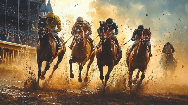 derby horse racing event with thoroughbred horses sprinting around the racecourse, driven by skilled jockeys aiming for a winning finish in a day full of competitive spirit and speed