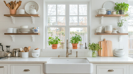 A bright and inviting kitchen featuring farmhouse sink, wooden shelves, and an array of kitchenware. plants add fresh touch to cozy atmosphere