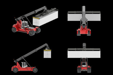A set of views of reach stacker. The red reach stacker (loader) lifts and loads a white sea container (ship container). 3d illustration. Isolated on black background