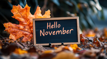Embracing the autumn vibes with a cheerful welcome to November among fallen leaves